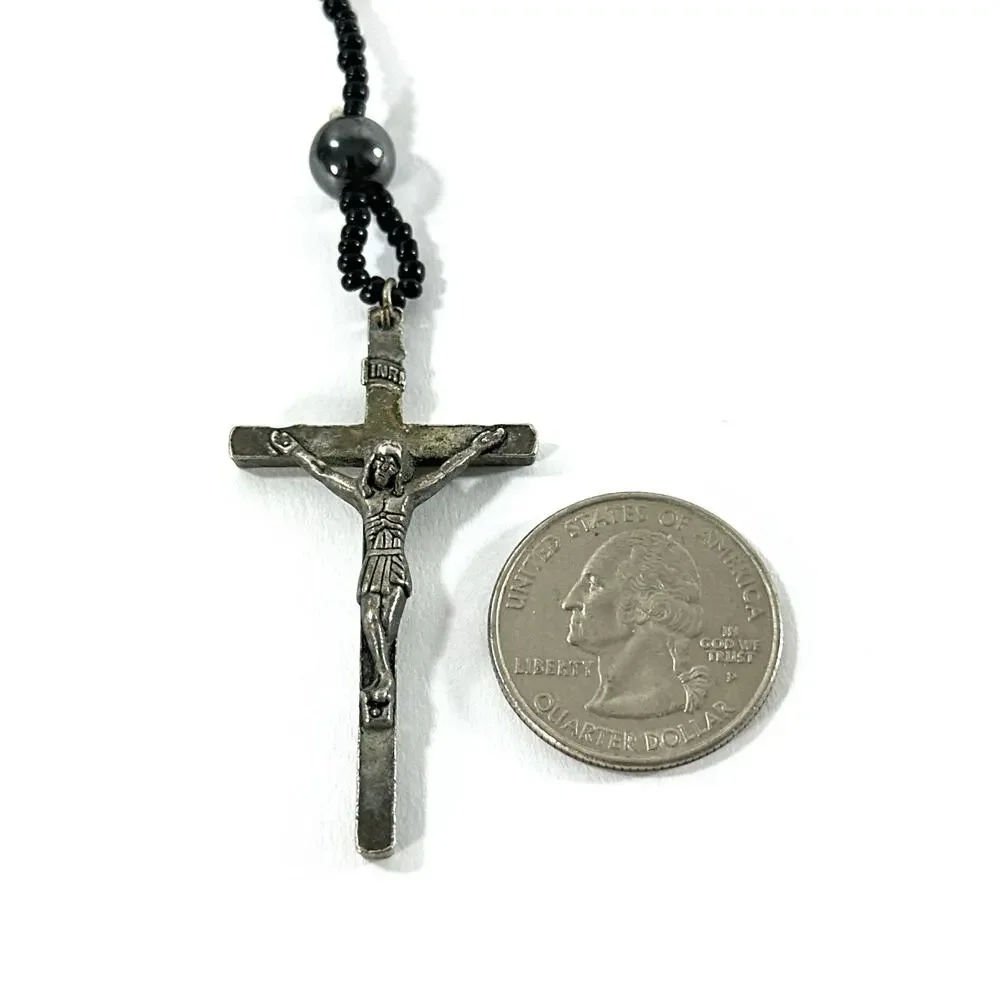 Vintage Catholic Hematite Rosary Black Hematite Beads Silver Tone Crucifix 20”